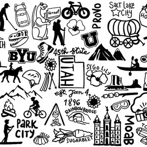 May include: Black and white illustration of various landmarks, symbols, and icons representing the state of Utah.  The illustration includes the state outline, the Beehive State, Delicate Arch, Salt Flats, Provo, Salt Lake City, Park City, Moab, BYU, Sego Lily, Rainbow Bridge, Sugarbeet, and a honey jar.