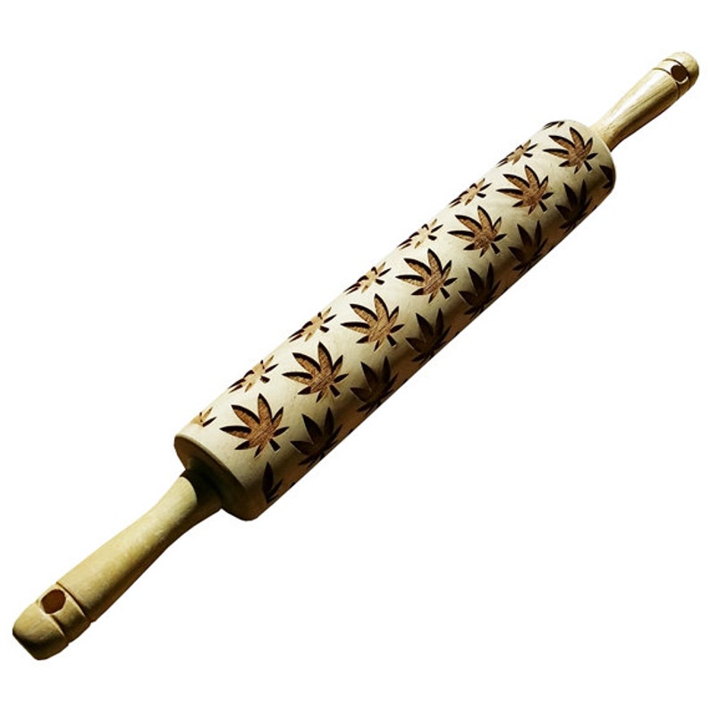 Rolling Pin: Engraved Marijuana Leaf embossed cookies clay pottery décor baking gift image 2