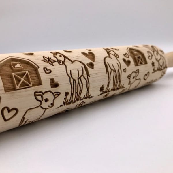 Rolling Pin: Baby Farm Animals | embossed cookies clay pottery décor baking gift