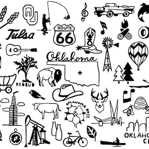 May include: Black and white illustration of various Oklahoma-themed icons, including a bison, a cowboy hat, a hot air balloon, a musical note, a state outline, a windmill, a fishing rod, a canoe, a corn stalk, a guitar, a building, a road sign, a football, a horse, a tipi, a deer, a beehive, a turkey, a catfish, an oil derrick, a bicycle, a cowboy boot, a rose, a bird, a tree, a wagon, a compass, and the text "Oklahoma", "Tulsa", "OKC", "Route 66", "Tahlequah", and "Oklahoma City".