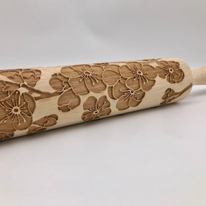 Rolling Pin with Cherry Blossom | embossed cookies clay pottery décor baking gift