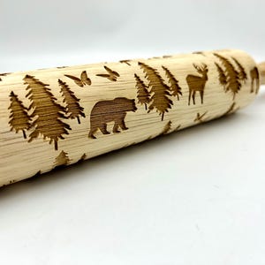 Engraved Rolling Pin: Moose, Bear, Deer, Mountain Scene