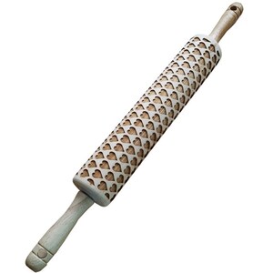 May include: A light-colored wooden rolling pin with a repeating heart pattern carved into the rolling surface. The handles are also light-colored wood. The rolling pin is designed for baking and creating patterned dough.