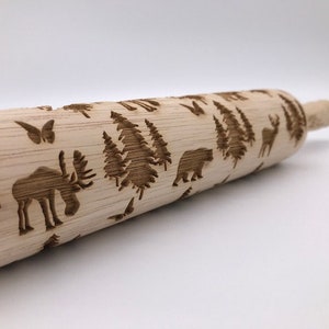 Rolling Pin: Moose, Bear, Deer, Mountain Scenery | embossed cookies clay pottery décor baking gift