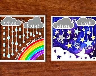 When it rains look for rainbows, when it's dark look for stars, papercutting, diy template, digital download, rainbow, stars