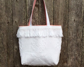 Vintage Hobnail Chenille Tote Bag with Fringe