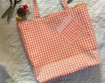Tote Bag From Vintage Gingham Apron with Hand Stitched Embroidery with Floral Print Lining