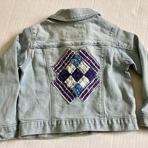 Upcycled Denim Jacket with Vintage Quilt Applique & Embroidered Accents, Size 3T