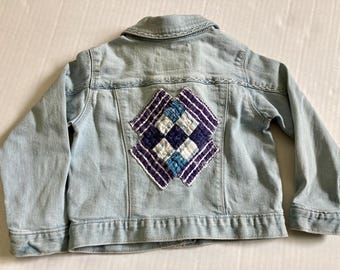 Upcycled Denim Jacket with Vintage Quilt Applique & Embroidered Accents, Size 3T