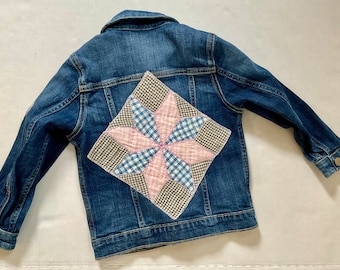 Upcycled Girls 5T Denim Jacket with Vintage Quilt Applique