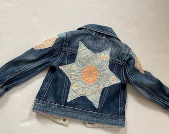 Upcycled Crewcuts denim jacket with vintage quilt applique, Size 3
