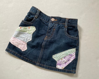 Upcycled toddler skirt with applique vintage quilt pieces, size 3T