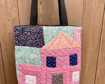 Vintage Quilt Tote Bag- House & Trees