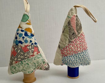 2 Hanging Trees Made from Vintage Quilt and Wood Thread Spools