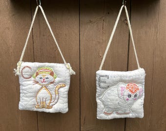 Embroidered Vintage Quilt Peg Hangers, door hangers, bowl fillers-Cat or Elephant