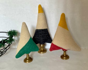 Vintage Wool Blanket Trees on Brass Candlestick Bases, set of 3