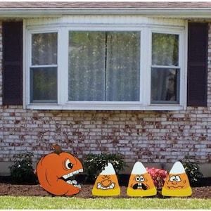 Halloween Yard Art Decorations – Outdoor Pumpkin Chasing Candy Corn Halloween Yard Art Set. Fall Outdoor Sign Set