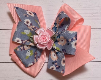 Floral Hair Bow: Pink Rose Center, Grosgrain Ribbon Alligator Clip
