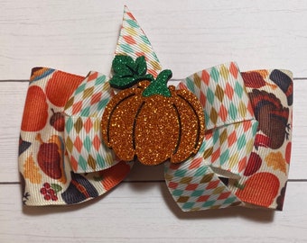 Pumpkin Hair Bow: Thanksgiving Ribbon Clip with Glitter Pumpkin