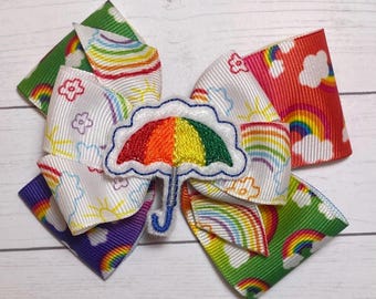 Rainbow Umbrella Hair Bow: Grosgrain Ribbon Alligator Clip