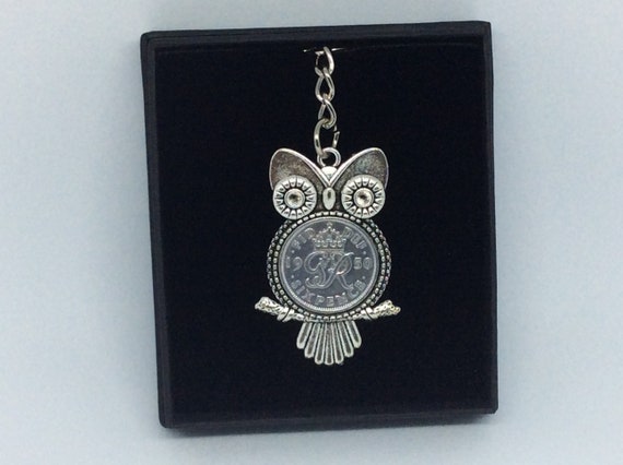 1949 70th birthday lucky Sixpence Wise Owl Charm keyring a free gift box wedding