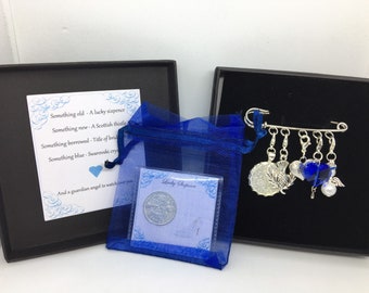 Scottish Bridal garter charm pin, wedding gift. Something old, something new, something borrowed, something blue & a sixpence for her shoe.