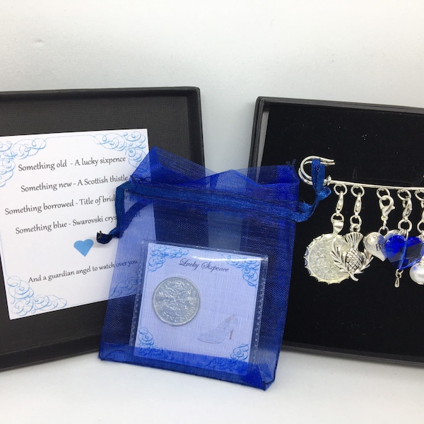 Scottish Bridal garter charm pin, wedding gift. Something old, something new, something borrowed, something blue & a sixpence for her shoe.