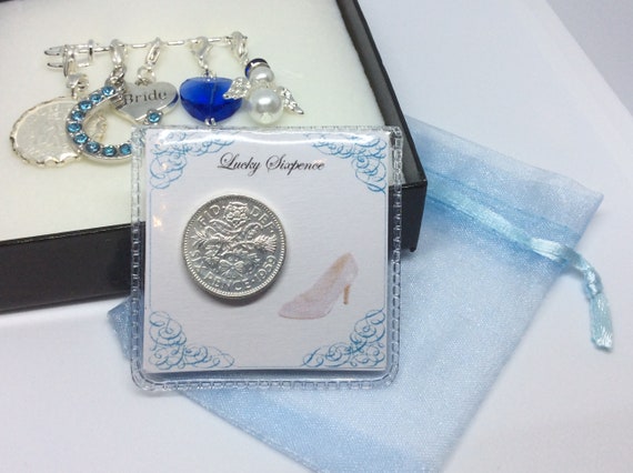 Gift Bride Wedding dress Horse shoe Bride Charm Lucky Sixpence and Poem