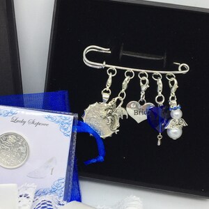 Wedding garter charm pin, bridal gift. Something old, something new, something borrowed, something blue & a lucky silver sixpence in a shoe image 10