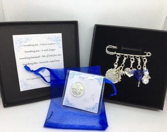 Welsh Bridal garter charm pin, dragon gift Something old, something new, something borrowed, something blue & a lucky sixpence for her shoe