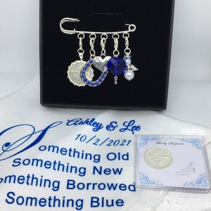 Wedding garter charm pin, bridal gift. Something old, something new, something borrowed, something blue & a lucky silver sixpence in a shoe pin set & hankie