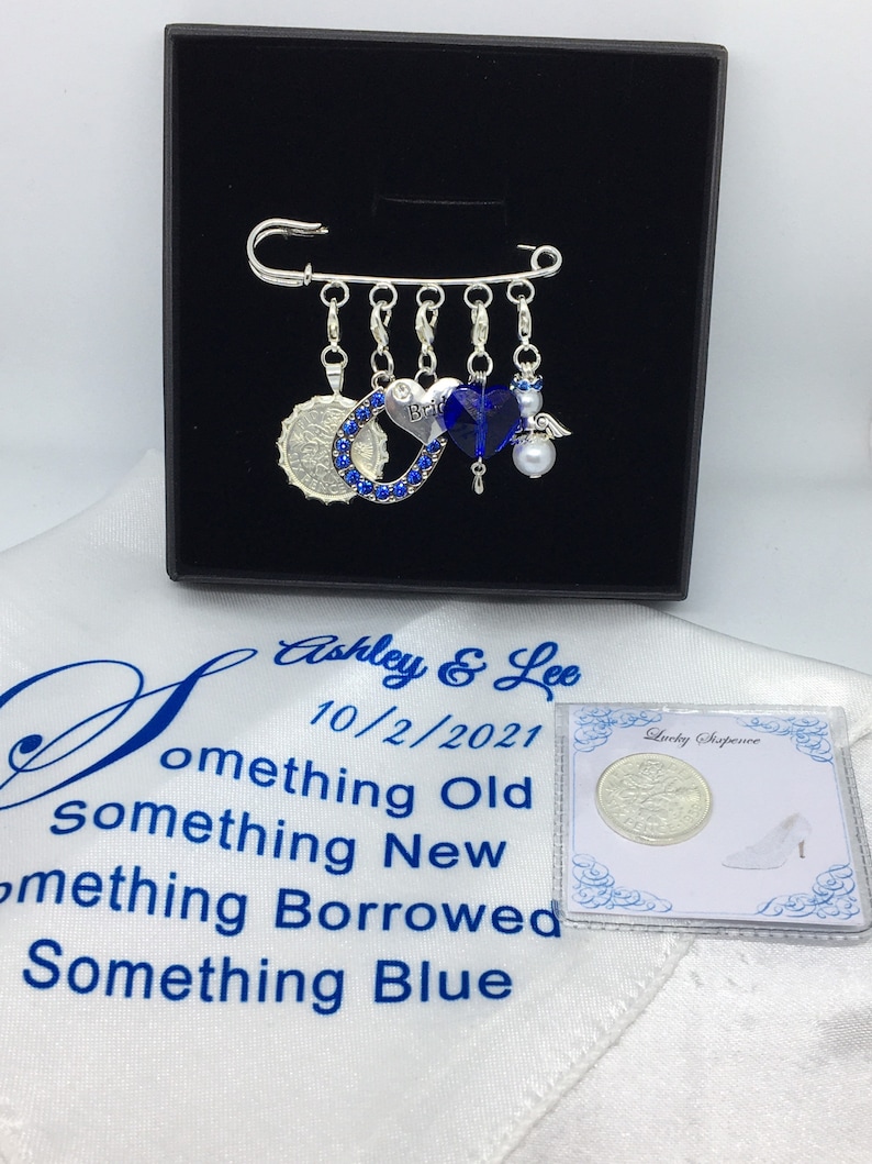 Wedding garter charm pin, bridal gift. Something old, something new, something borrowed, something blue & a lucky silver sixpence in a shoe pin set & hankie