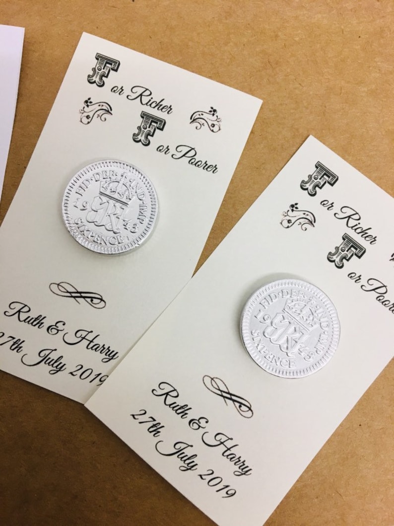 150 Customisable personalised chocolate sixpence wedding favours For richer or poorer