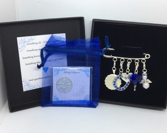 Old english tradition bridal pin, bride garter charms, wedding gift. Something old, new, borrowed, blue & a lucky sixpence for her shoe