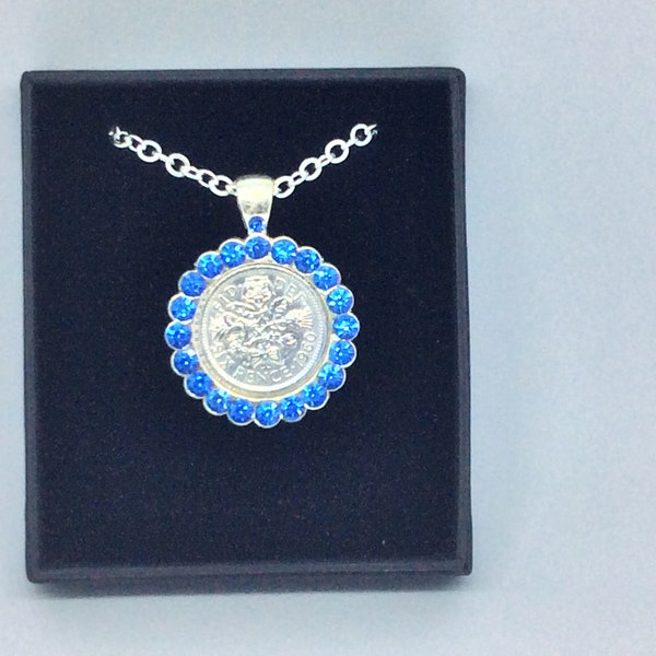 1954 or 1964 (or any date) lucky sixpence necklace for 60th birthday or something blue wedding gift. personalised handkerchief