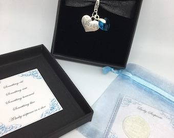 Bridal garter, bouquet, shoe charm, Something borrowed & blue charm and silver lucky sixpence for her shoe also with something blue. Wedding