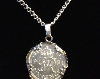 1964 silver lucky sixpence on a necklace 60th birthday gift or lucky wedding gift.