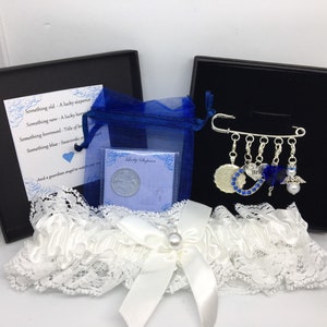 Wedding garter charm pin, bridal gift. Something old, something new, something borrowed, something blue & a lucky silver sixpence in a shoe pin set with garter