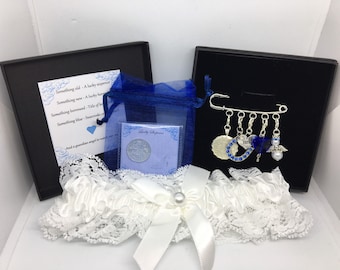 Wedding garter charm pin, bridal gift. Something old, something new, something borrowed, something blue & a lucky silver sixpence in a shoe