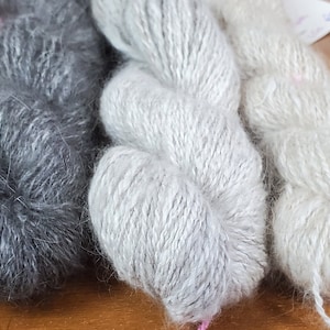 Hand spun Angora, french satin crosses, various colors and weights