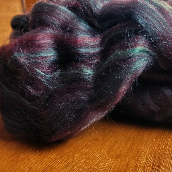 Custom Combed Top, Roses Are Red Colorway, 18 Micron Merino/Mulberry Silk/Bamboo 70/15/15 Blend, 4oz