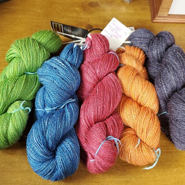 Hand spun yarn, 70/30 merino and tussah silk, lace weight 4+oz