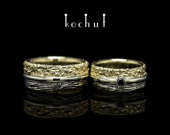 In joy and sorrow – Black diamond matching ring set. Unique wedding ring set gold. Unique design. Handmade by kochut