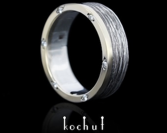 Tree bark – couple wedding bands. Nature wedding rings with diamonds. Unique design. Handmade jewelry by kochut