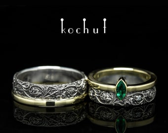 Matching couple rings for wedding ceremony with emerald marquise. Promise ring for couples. Unique design. Handmade jewelry by kochut