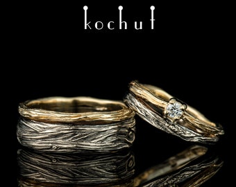 Couples rings with twisted wedding ring white and yellow gold. Gold signet ring men and unique gemstone ring. Handmade by Kochut