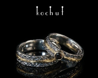 Smoky quartz promise rings for couple. Wedding bands set his and hers. Matching rings adjustable. Unique design Handmade jewelry by kochut