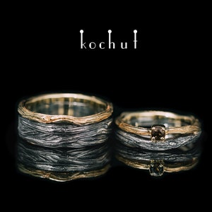 Branch wedding ring set his and hers with Smoky quartz. Mens forest ring and promise ring for her. Unique design. Handmade by Kochut