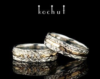 Citadel — diamonds wedding ring set his and hers. Pattern wedding bands. Couple ring set. Unique design. Handmade jewelry by kochut