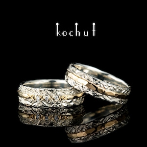Citadel - diamonds wedding ring set his and hers. Pattern wedding bands. couple ring set. Unique design. Handmade jewelry by kochut